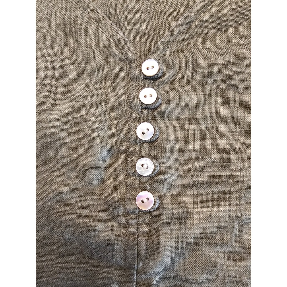 Petite Sophisticate Olive Green Linen Maxi Dress V-Neck Shell Button Slit Sz 0 - Picture 3 of 9
